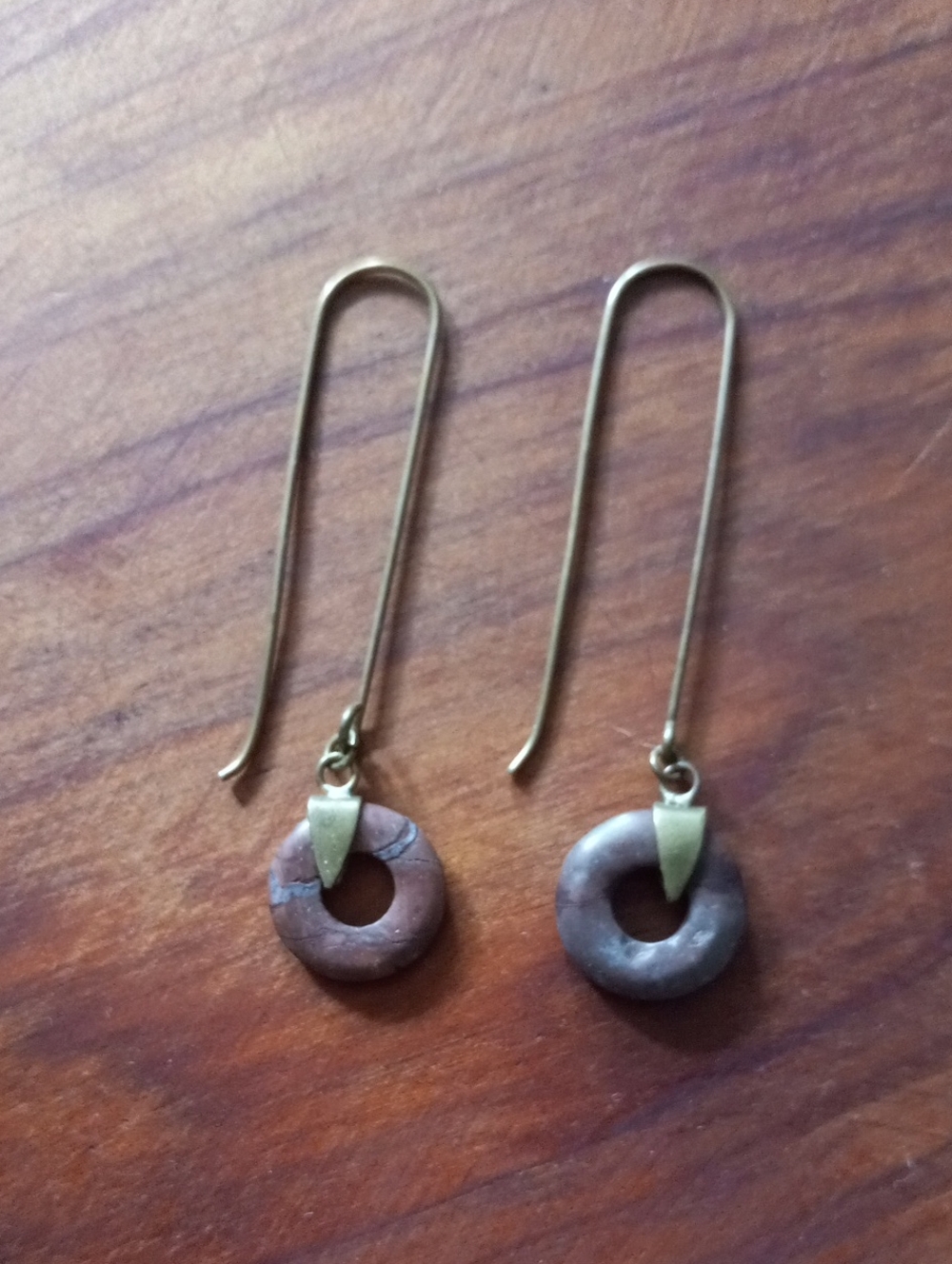 Minimalist Stone Donut Dangle Earrings Long Brass Kidney Wire Earthy